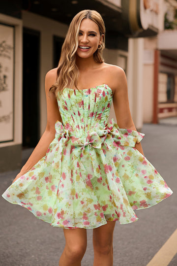 Green Strapless A-Line Floral Corset Homecoming Dress with Bows
